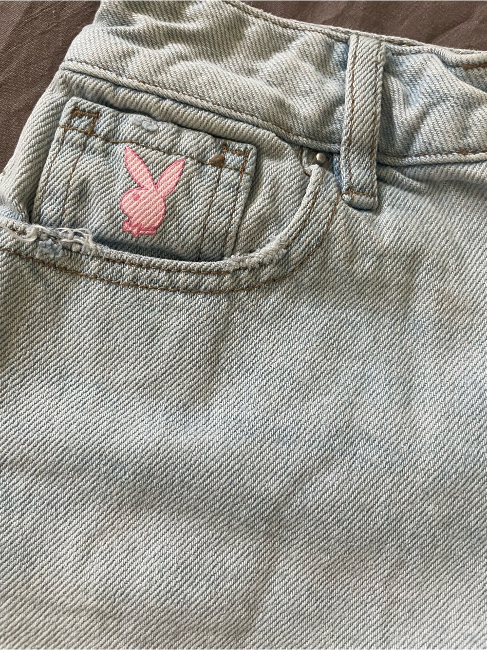 PLAYBOY Light Blue Distressed Denim Shorts with Pink Bunny Patch - Picture 2 of 5
